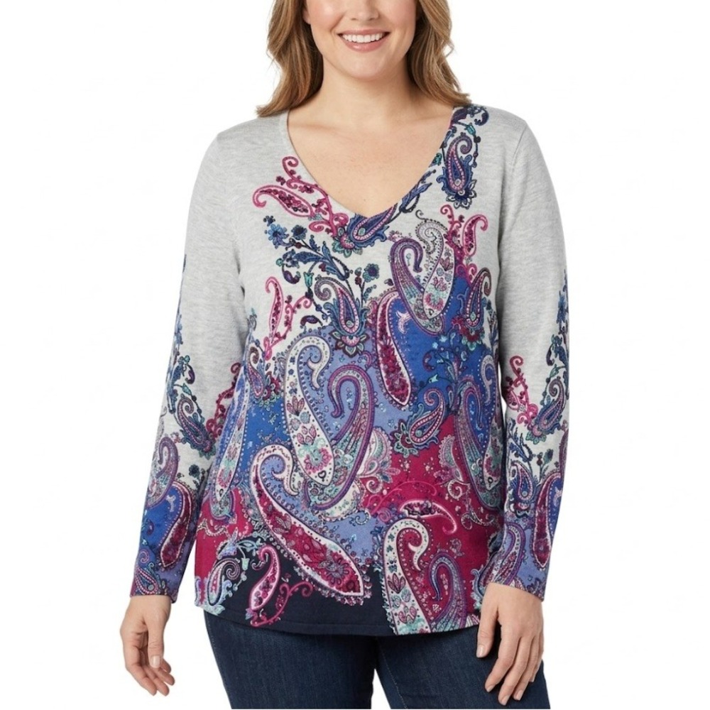 Chico's Gray Purple Blue‎ Paisley V Neck Tight Knit Sweater Large/2 Preppy